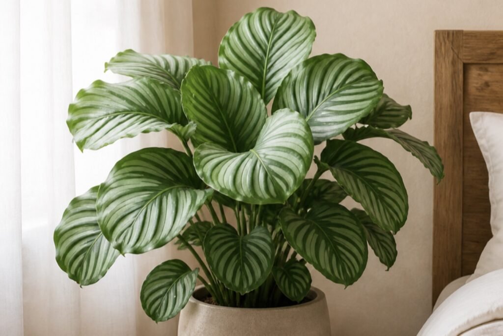 Calathea orbifolia care profile showing healthy Goeppertia orbifolia leaves