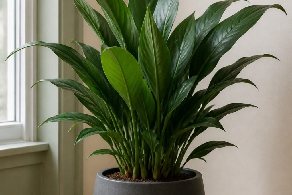 Cast iron plant care profile showing healthy dark green Aspidistra leaves indoors