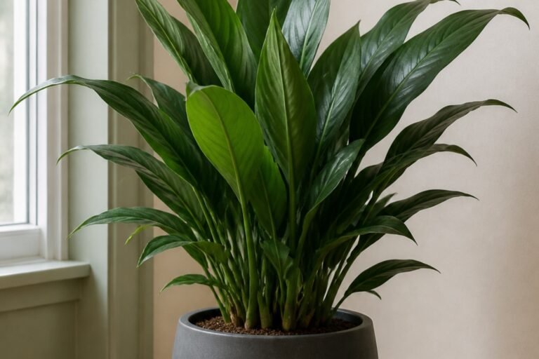 Cast iron plant care profile showing healthy dark green Aspidistra leaves indoors