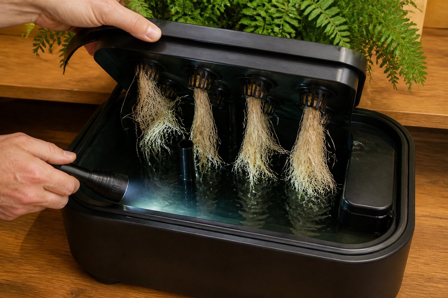 Clean hydroponic roots and a covered dark reservoir being inspected for algae and biofilm