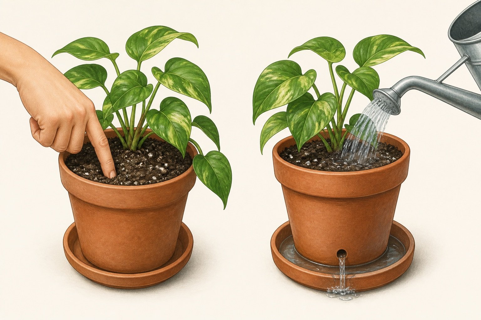 Finger checking potting soil beside a watered pot draining into a saucer
