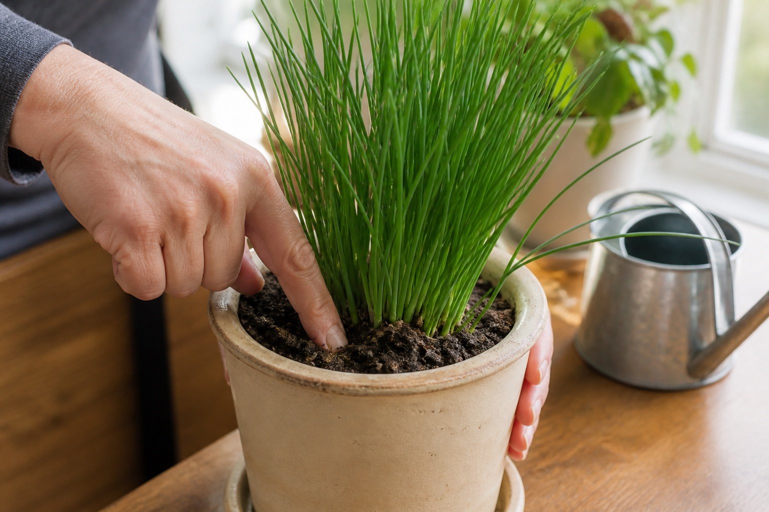 Checking moisture in a potted indoor chive clump before watering