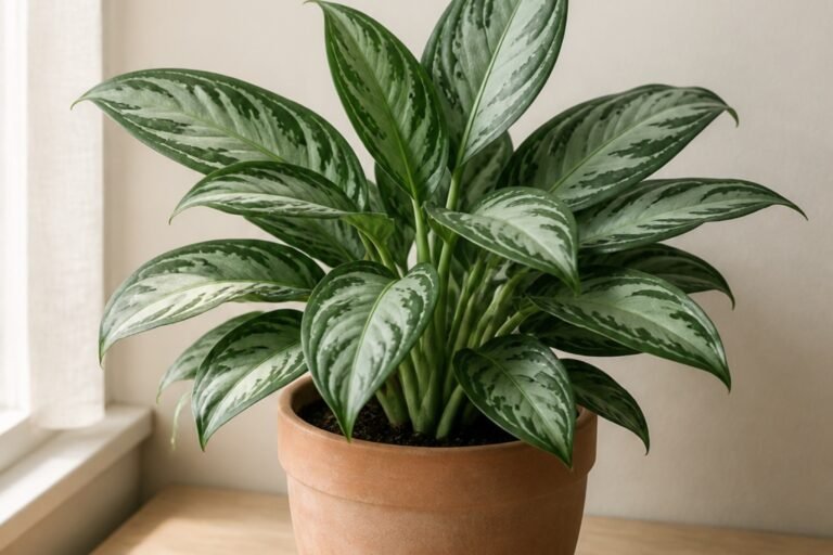 Chinese evergreen care profile showing a healthy variegated Aglaonema indoors