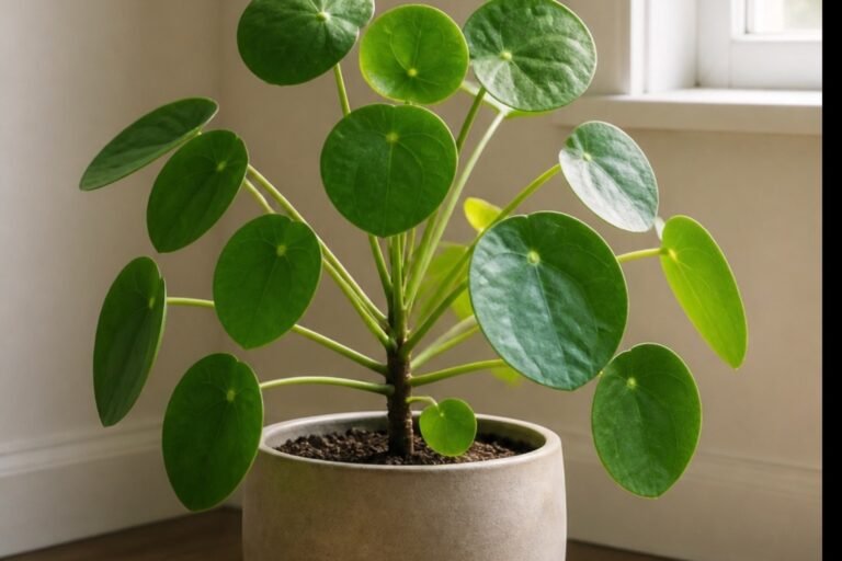 Chinese money plant care profile showing healthy round Pilea peperomioides leaves