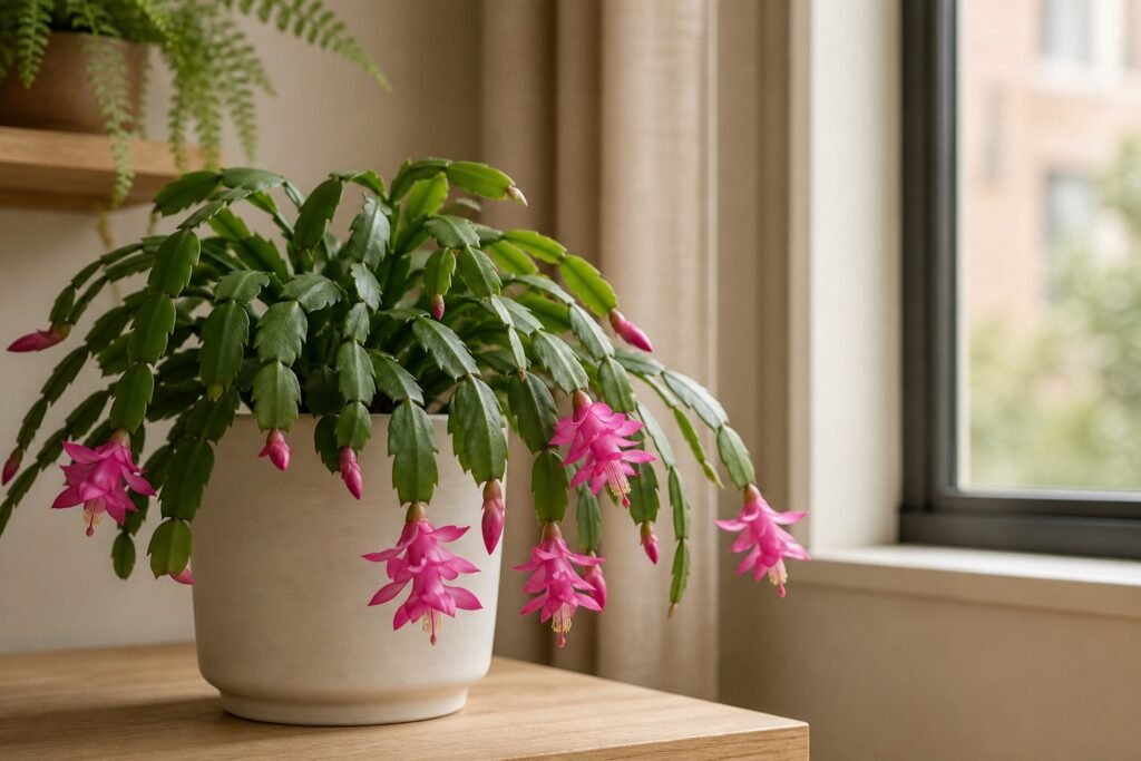 Christmas cactus care profile showing rounded stem segments and hanging winter flowers