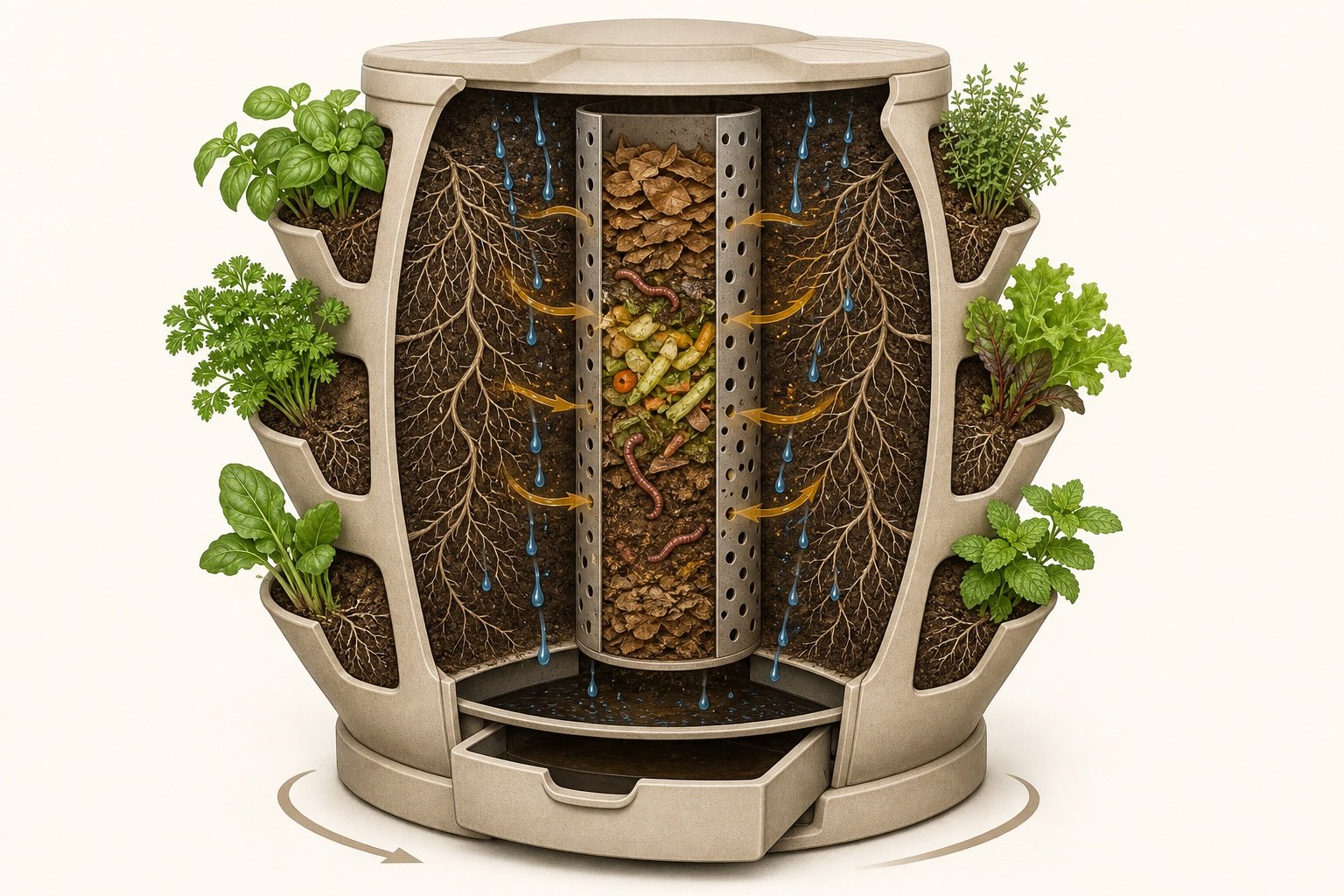Cutaway diagram of roots, water, and compost inside a vertical planter