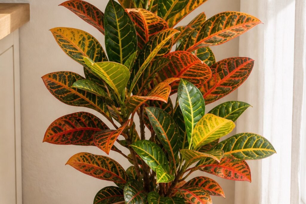 Croton plant care indoors profile showing colorful Codiaeum variegatum foliage in strong light