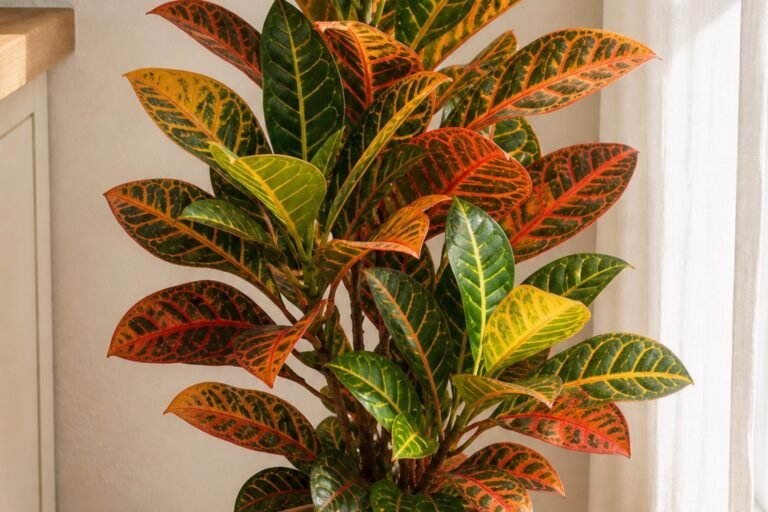 Croton plant care indoors profile showing colorful Codiaeum variegatum foliage in strong light