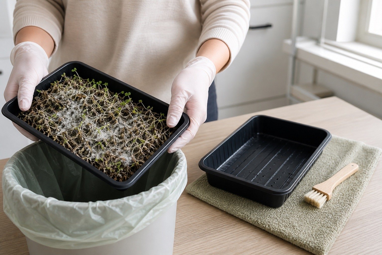 Discarding a tray with suspected microgreen mold instead of eating uncertain raw greens