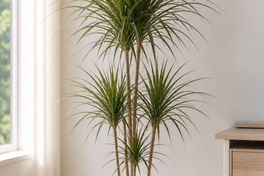 Dracaena marginata care indoors profile showing narrow red-edged leaves on upright canes
