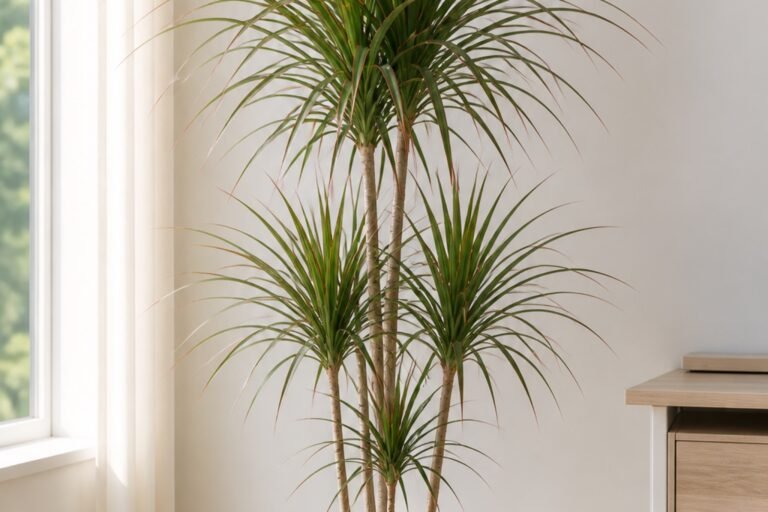 Dracaena marginata care indoors profile showing narrow red-edged leaves on upright canes