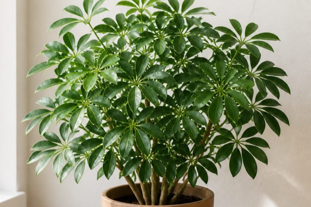Dwarf umbrella tree care indoors profile showing healthy Heptapleurum arboricola