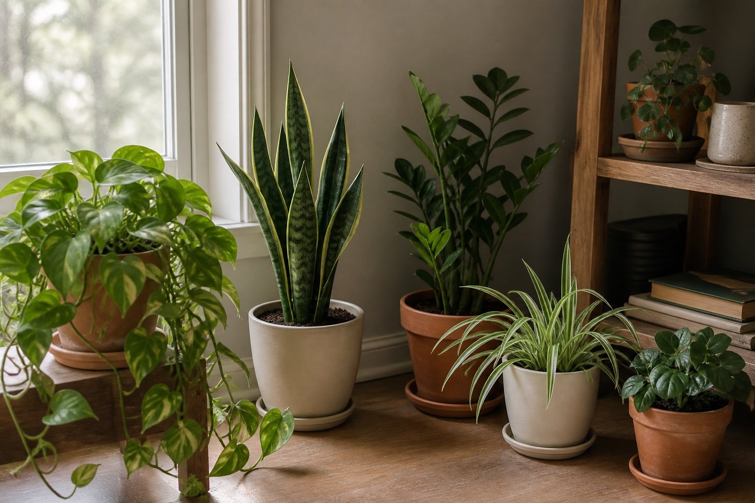 Pothos, snake plant, ZZ plant, spider plant, and peperomia in an apartment