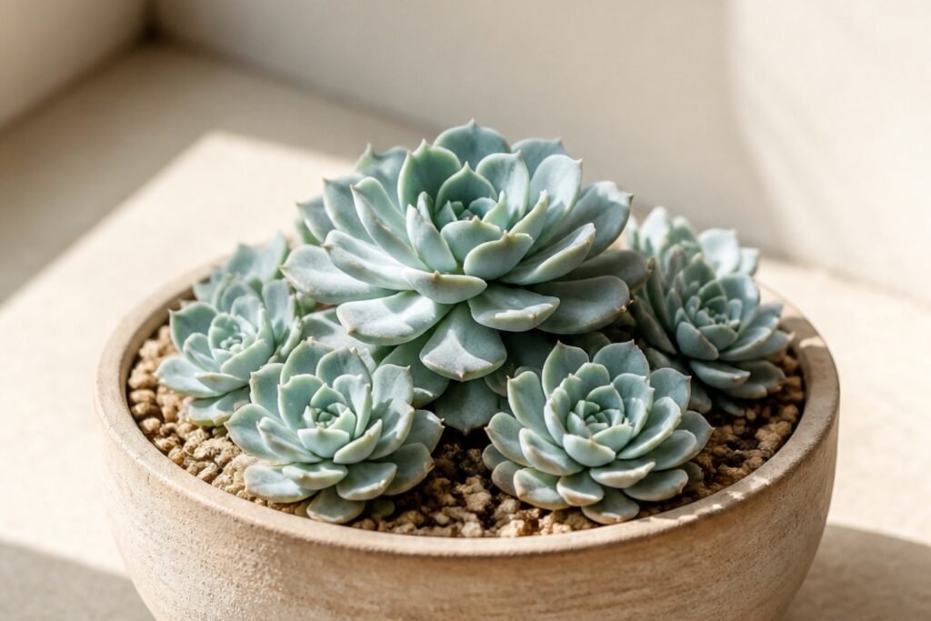 Echeveria elegans care indoors profile showing a compact blue-green Mexican snowball rosette