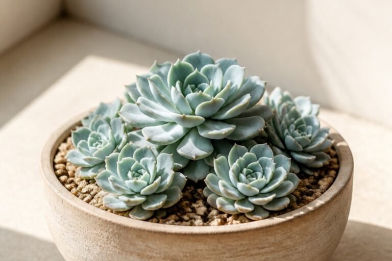 Echeveria elegans care indoors profile showing a compact blue-green Mexican snowball rosette