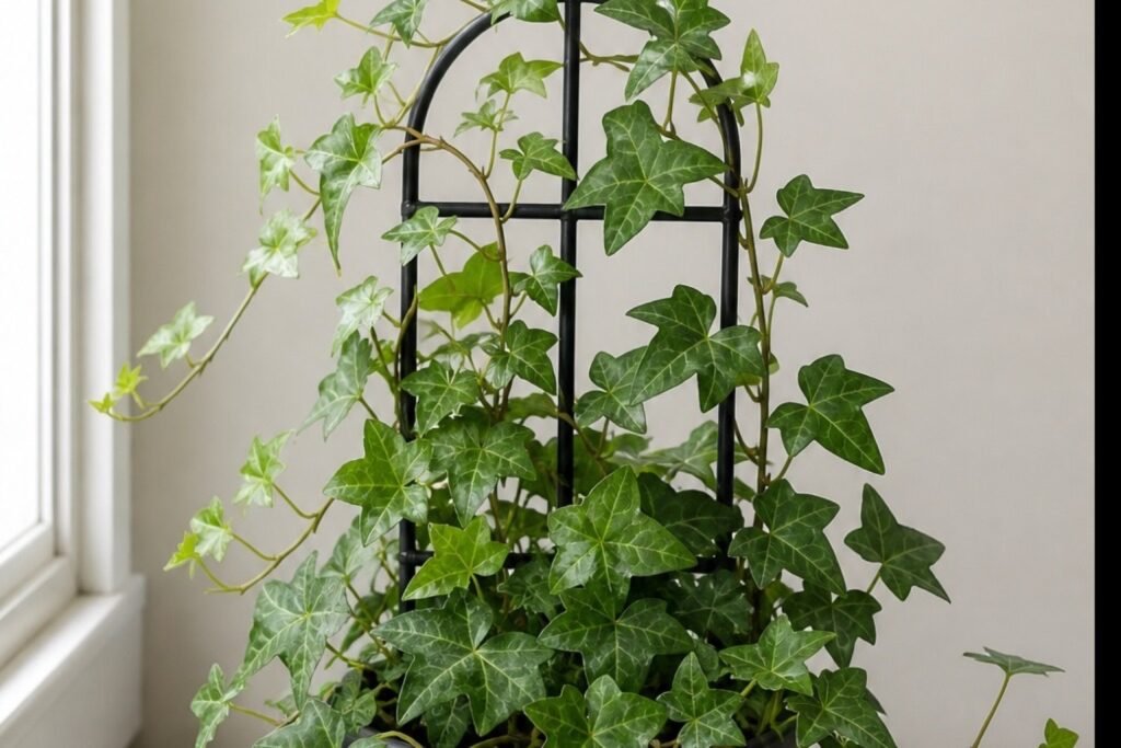 English ivy care indoors profile showing healthy Hedera helix vines and clean leaves