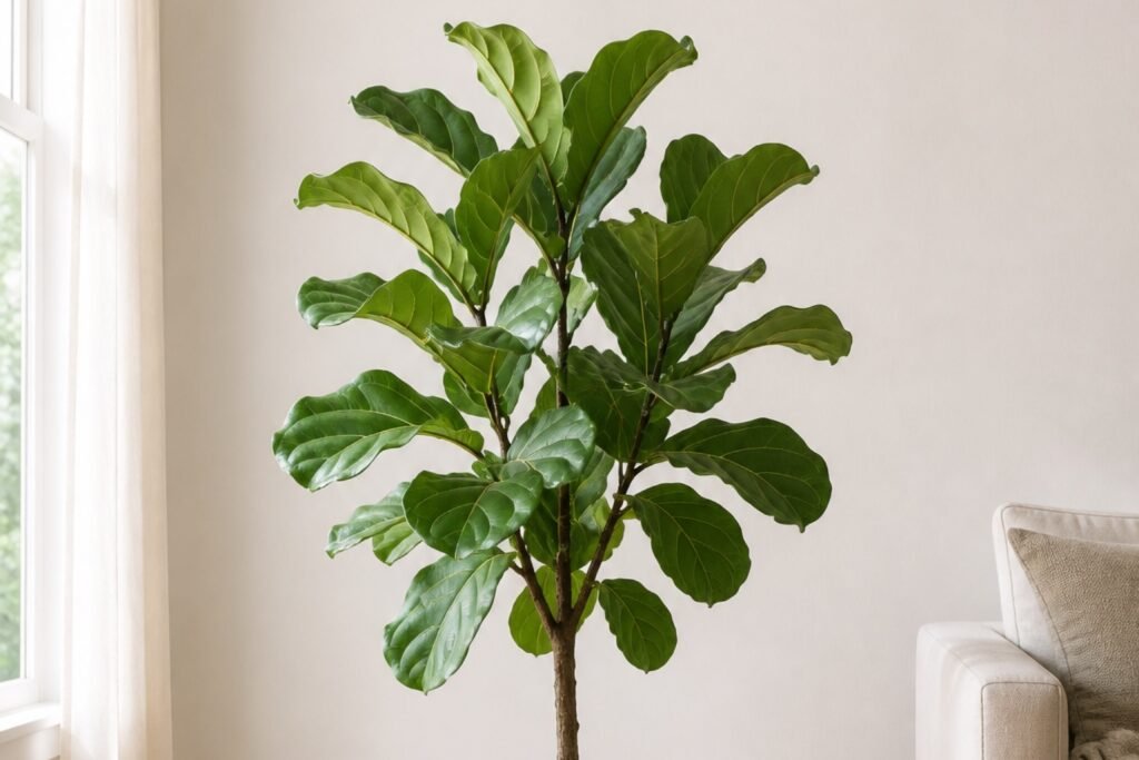 Fiddle leaf fig care profile showing a healthy Ficus lyrata in bright indoor light