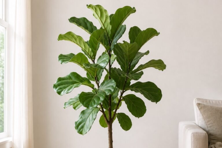 Fiddle leaf fig care profile showing a healthy Ficus lyrata in bright indoor light