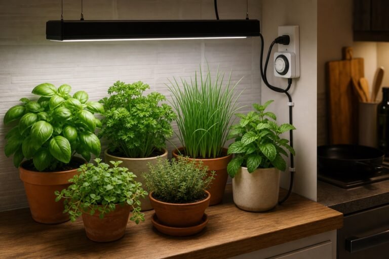 Basil, parsley, chives, mint, oregano, and thyme growing under a white LED grow light