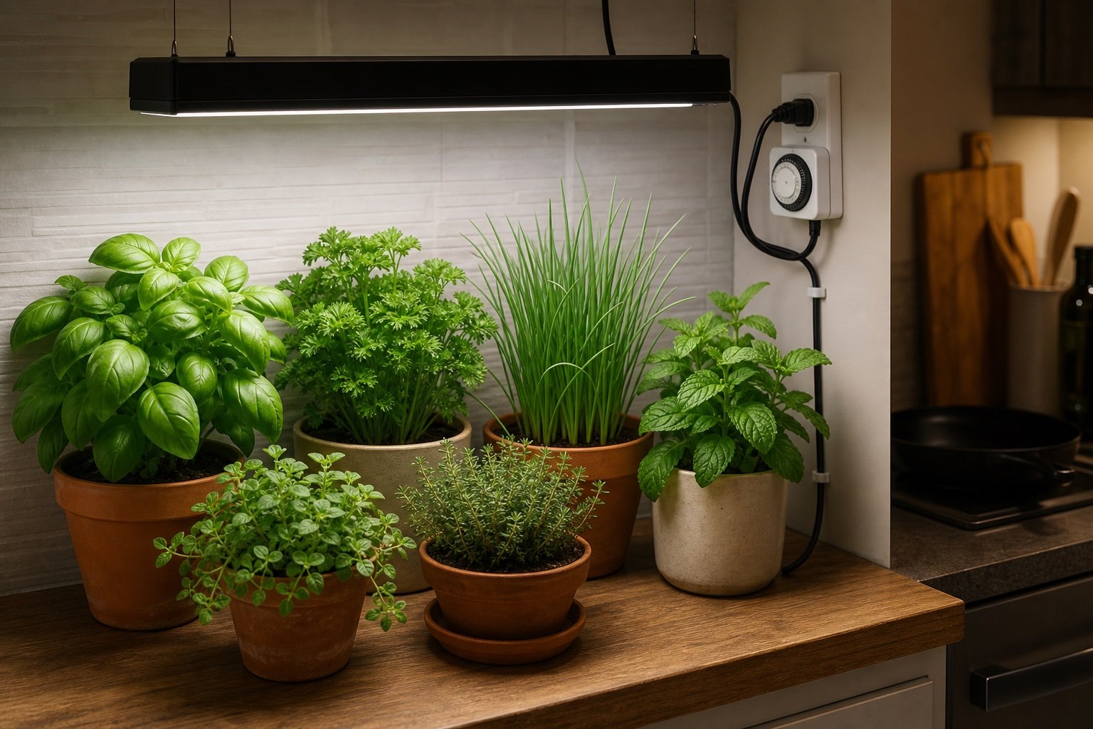 Basil, parsley, chives, mint, oregano, and thyme growing under a white LED grow light