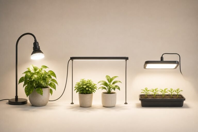 Grow light selector comparing bulb, LED bar, and panel coverage