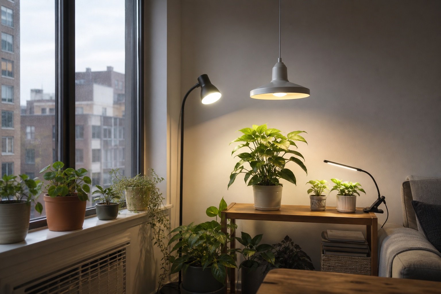 Houseplants under pendant, lamp, and clip-on grow lights beside an apartment window