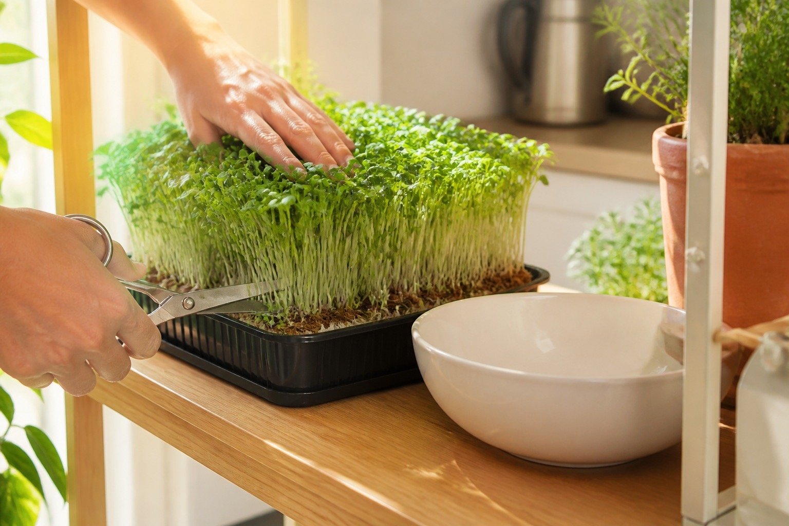 Fresh home microgreens harvested above the growing medium with clean scissors