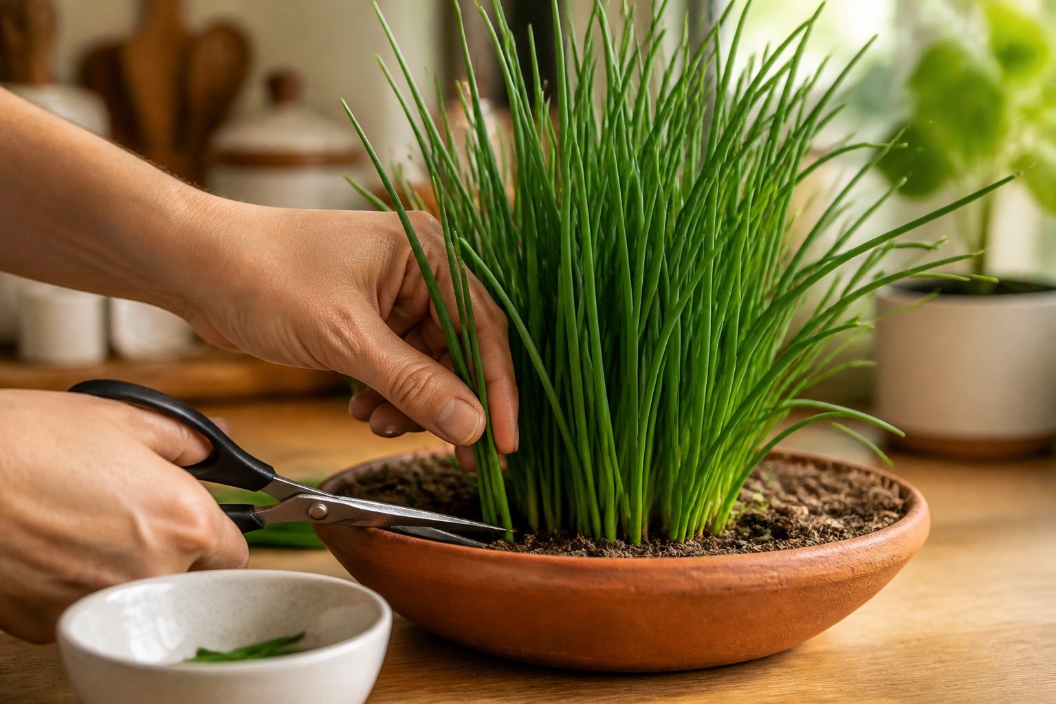 Kitchen scissors harvesting indoor chives about one inch above the potting mix
