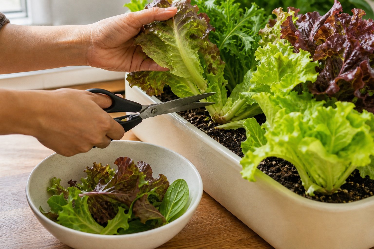 Fresh loose leaf lettuce being harvested above the crown into a kitchen bowl