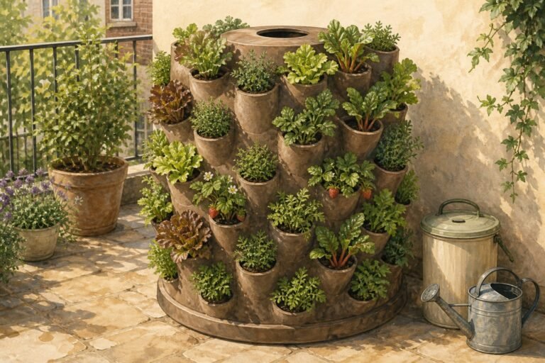 Illustration of a high-capacity composting vertical planter on a patio