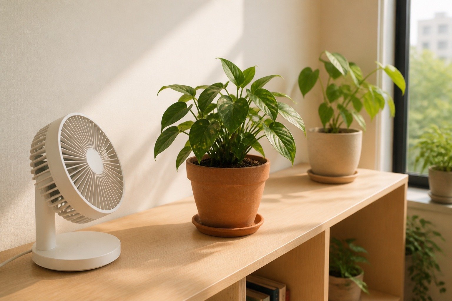 A houseplant spaced away from others with gentle fan airflow during powdery mildew recovery