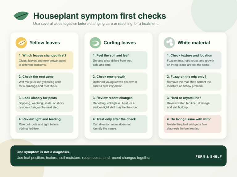 Houseplant problem diagnostic checklist for leaf and soil symptoms