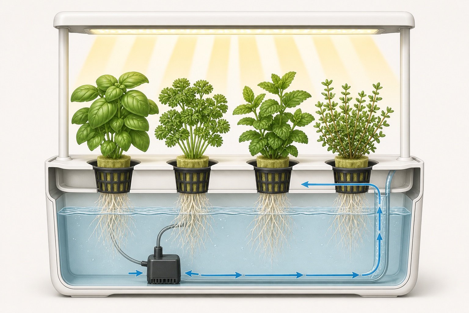 Cutaway of a countertop hydroponic garden showing LED light, net cups, roots, reservoir, and pump