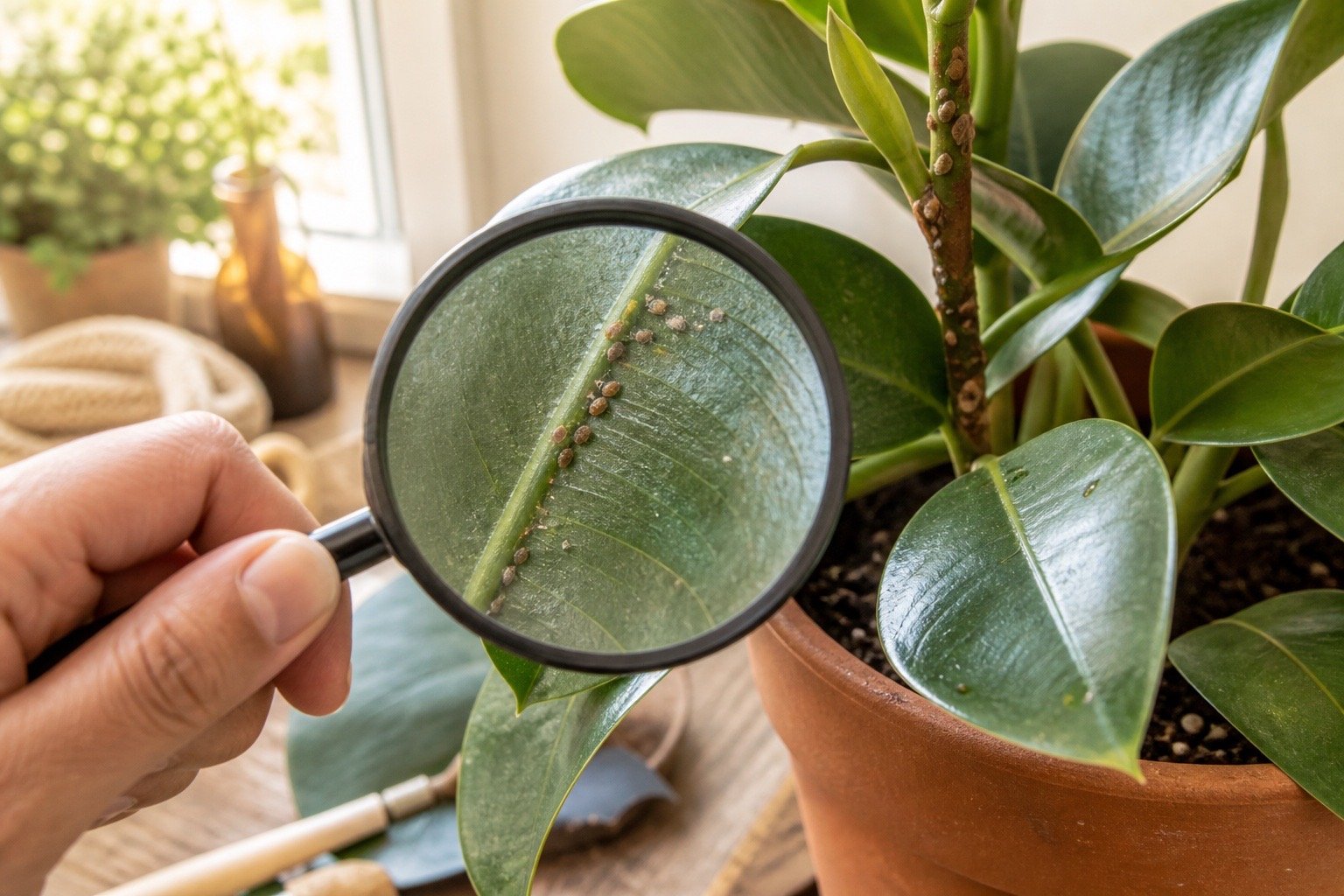 How to get rid of scale on houseplants by inspecting brown scale insects along a leaf vein