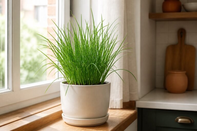 How to grow chives indoors in a draining pot on a bright kitchen windowsill