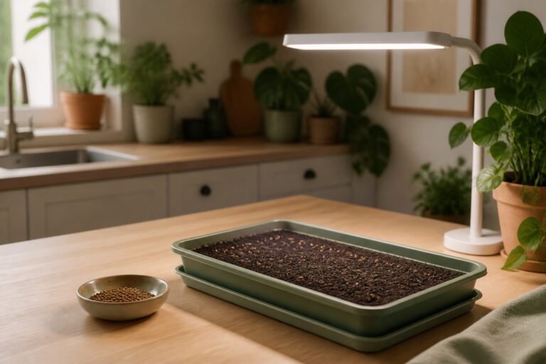 How to grow microgreens at home using a clean seeded tray beneath a compact light