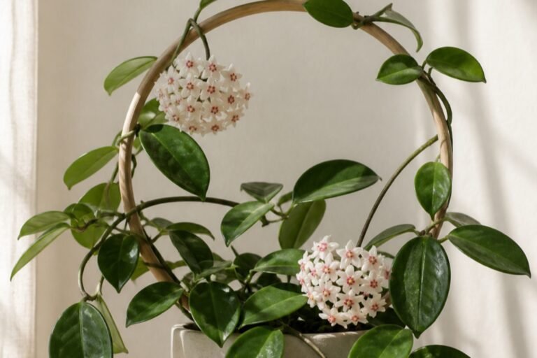 Hoya carnosa care profile showing a healthy wax plant with flower umbels