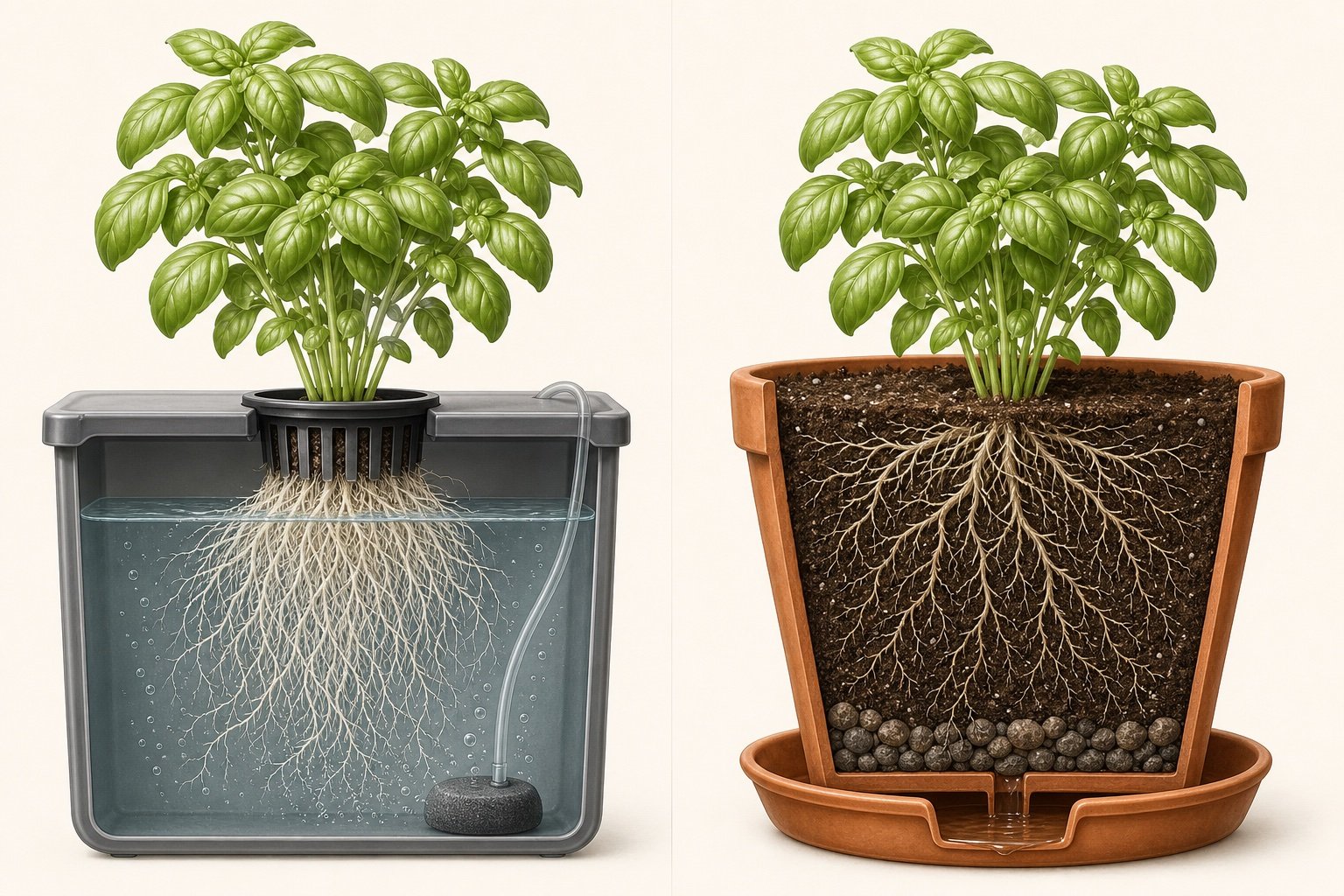 Cutaway of basil roots in aerated nutrient water beside basil roots growing through potting mix