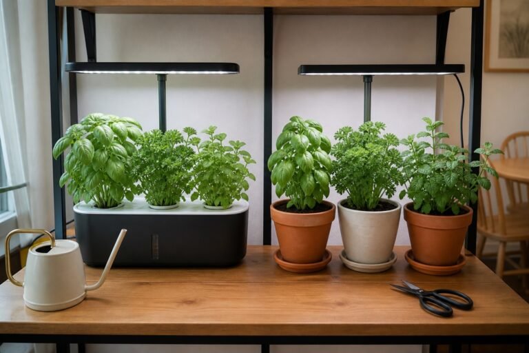 Healthy herbs growing in a generic hydroponic unit and in soil pots on the same indoor shelf