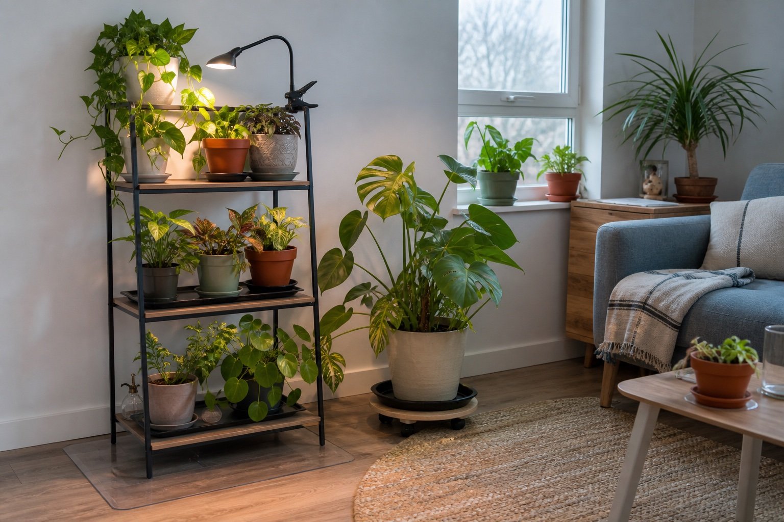 Freestanding plant shelf with clamp grow light and protected pots in a rental apartment