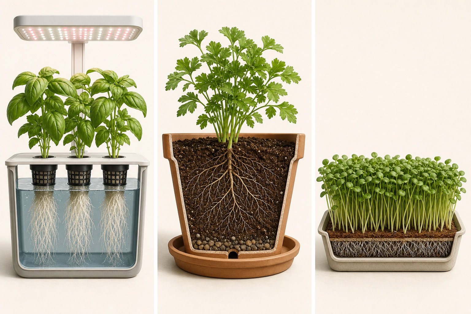 Cutaway comparison of hydroponic roots, roots in potting mix, and a shallow microgreens tray