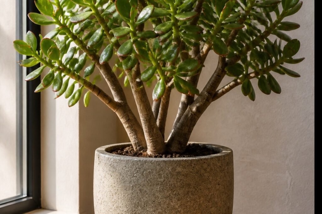 Jade plant care profile showing sturdy Crassula ovata stems and firm leaves