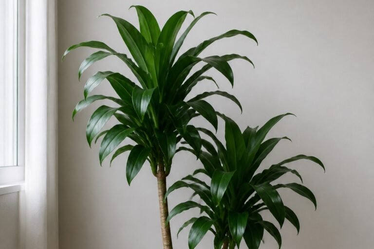 Janet Craig dracaena care profile showing dense dark green leaves on upright canes