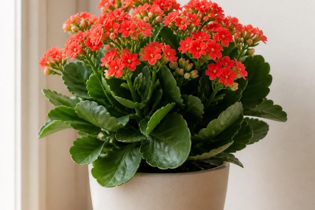 Kalanchoe blossfeldiana care profile showing thick leaves and red Flaming Katy flowers