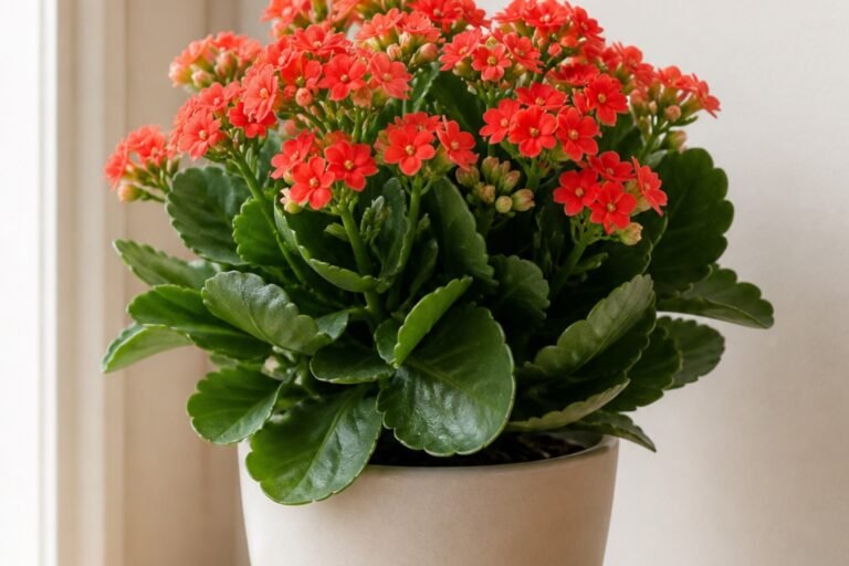 Kalanchoe blossfeldiana care profile showing thick leaves and red Flaming Katy flowers