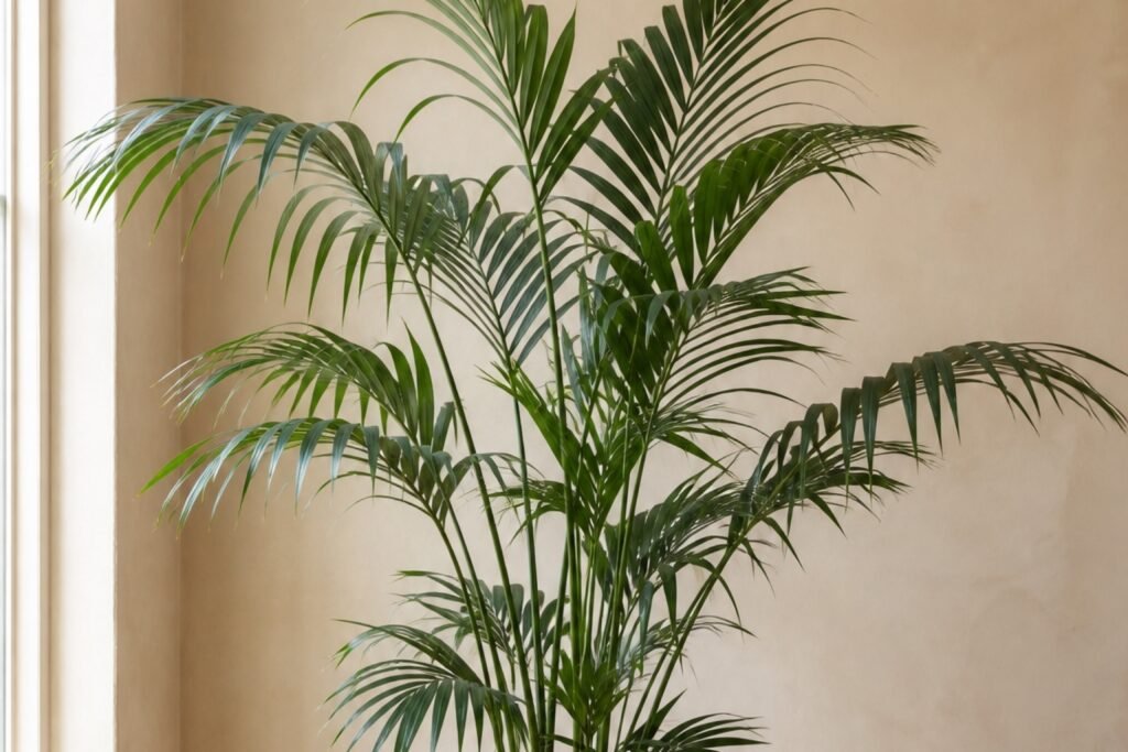 Kentia palm care indoors profile showing arching Howea forsteriana fronds