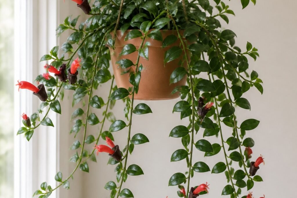 Lipstick plant care indoors profile showing trailing Aeschynanthus radicans with red tubular flowers