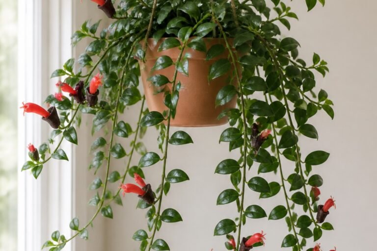 Lipstick plant care indoors profile showing trailing Aeschynanthus radicans with red tubular flowers