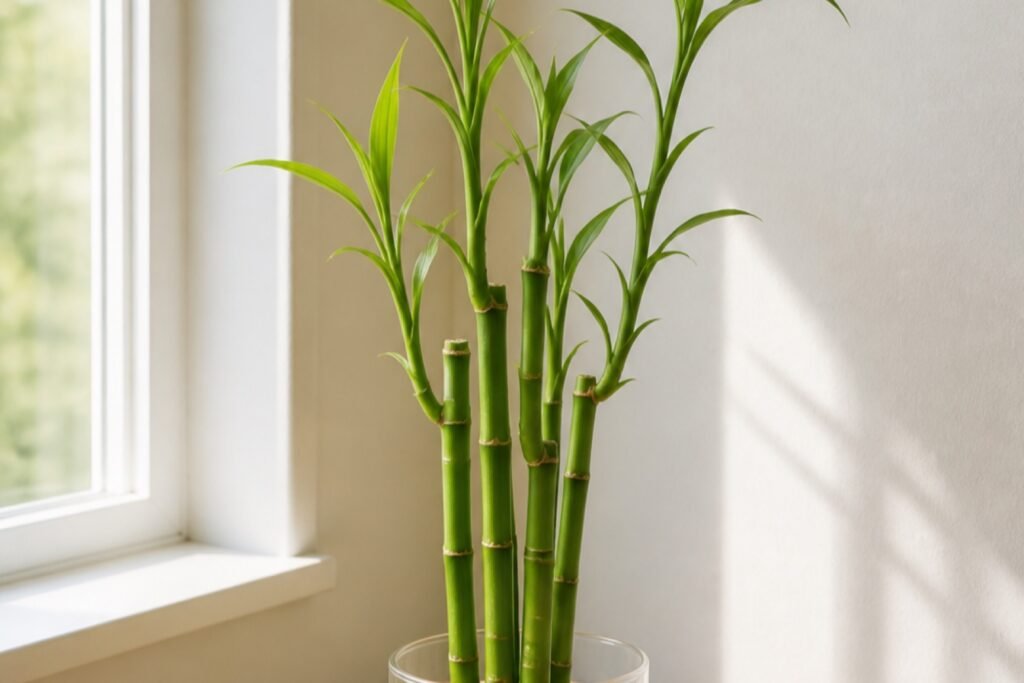 Lucky bamboo care profile showing healthy Dracaena sanderiana canes in clean water