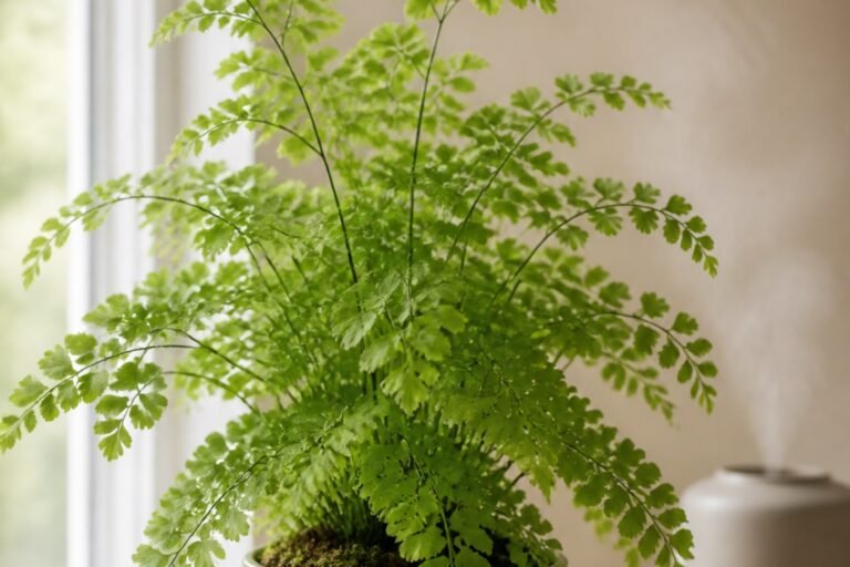 Maidenhair fern care profile showing delicate green Adiantum raddianum fronds indoors